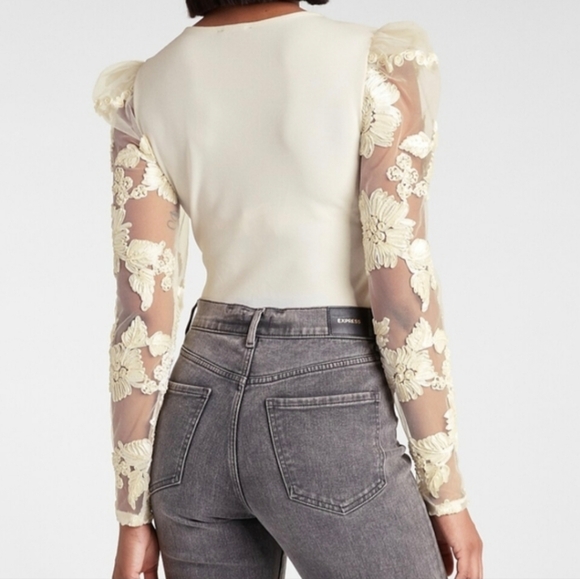 NWT! Express Ivory Bodysuit Lace Puff Long Sleeves Top Blouse NEW - Picture 3 of 15